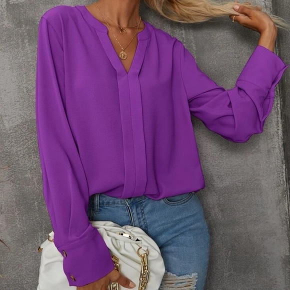 New notched v neck purple long sleeve blouse - Picture 3 of 6